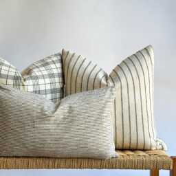 Neutral Boho Pillow Cover Set Striped & Plaid Linen, Handmade - thumbnail 3