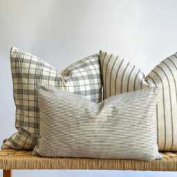 Neutral Boho Pillow Cover Set Striped & Plaid Linen, Handmade - thumbnail 2