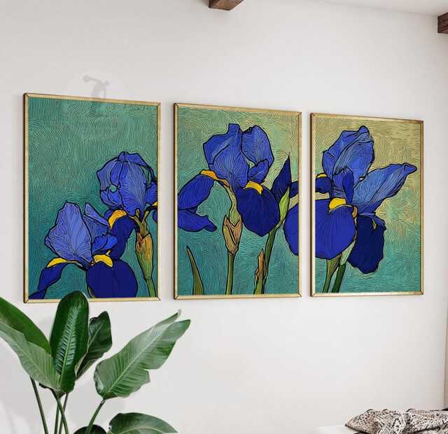 Blue Iris Wall Art Set Of 3 - Botanical Floral Prints Vibrant Flower Artwork Modern Decor For Living Room - image 1