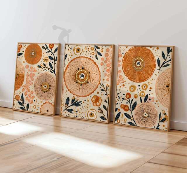 Boho Floral Wall Art Set Of 3, Abstract Botanical Prints in Orange & Beige, Modern Sunburst Flower For Living Room Or Bedroom Decor - image 1