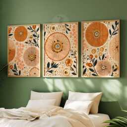 Boho Floral Wall Art Set Of 3, Abstract Botanical Prints in Orange & Beige, Modern Sunburst Flower For Living Room Or Bedroom Decor - thumbnail 4