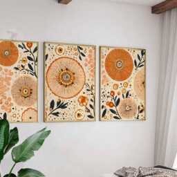 Boho Floral Wall Art Set Of 3, Abstract Botanical Prints in Orange & Beige, Modern Sunburst Flower For Living Room Or Bedroom Decor - thumbnail 3