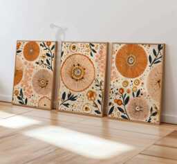 Boho Floral Wall Art Set Of 3, Abstract Botanical Prints in Orange & Beige, Modern Sunburst Flower For Living Room Or Bedroom Decor