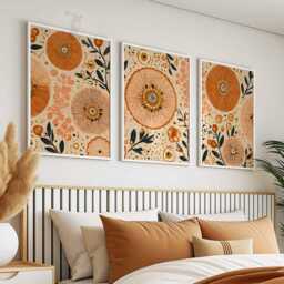Boho Floral Wall Art Set Of 3, Abstract Botanical Prints in Orange & Beige, Modern Sunburst Flower For Living Room Or Bedroom Decor - thumbnail 2