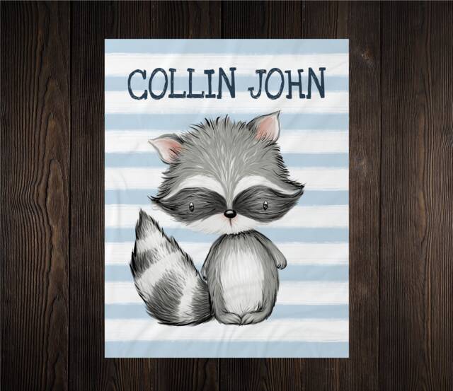 Personalized Baby Name Blanket, Gift, Racoon, Custom Coming Home Hospital Shower Gift Birthday Woodland - image 1