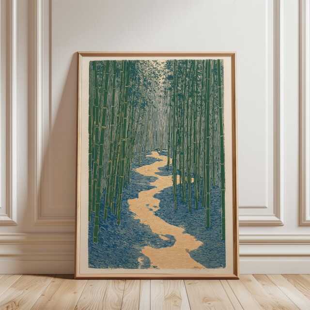 Bamboo Forest River Poster - Green Blue Japanese Woodblock Art Zen Nature Print - image 1