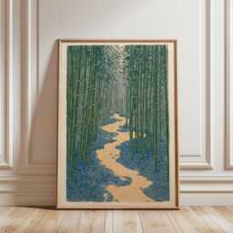 Bamboo Forest River Poster - Green Blue Japanese Woodblock Art Zen Nature Print - thumbnail 1