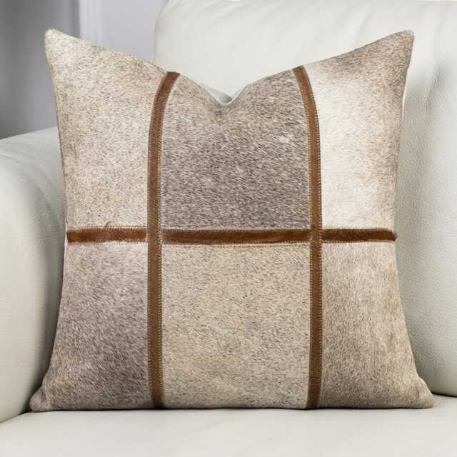Cowhide Cushion Cover 45x45 Light Beige Leather Pillow Rustic Farmhouse Decor Natural Hairon Hide Western Style Patchwork Throw Handmade - image 1