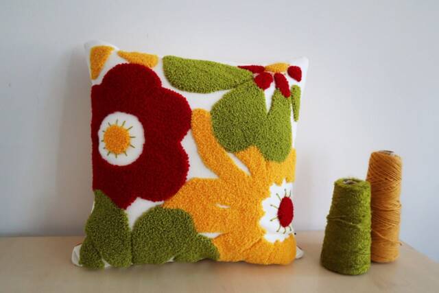 Punch Needle Pillow Cover Floral Embroidered Linen Sofa Cushion - image 1