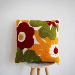 Punch Needle Pillow Cover Floral Embroidered Linen Sofa Cushion - thumbnail 3