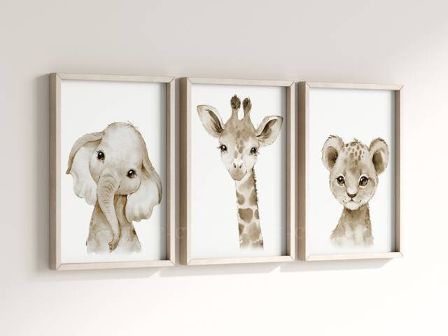Safari Elephant Giraffe Lion Animal Baby Girls Boys A4 Or A3 Nursery Set Of Unframed Prints Unisex Neutral Boho Beige Jungle - image 1