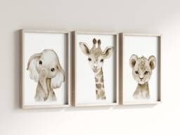 Safari Elephant Giraffe Lion Animal Baby Girls Boys A4 Or A3 Nursery Set Of Unframed Prints Unisex Neutral Boho Beige Jungle - thumbnail 1