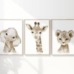 Safari Elephant Giraffe Lion Animal Baby Girls Boys A4 Or A3 Nursery Set Of Unframed Prints Unisex Neutral Boho Beige Jungle - thumbnail 2