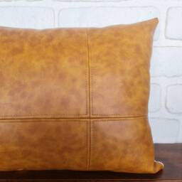 Handmade Lumbar Pillow Cover With Decorative Stitches - Faux Leather Fabric in Camel Color - thumbnail 2