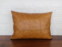 Handmade Lumbar Pillow Cover With Decorative Stitches - Faux Leather Fabric in Camel Color - thumbnail 1