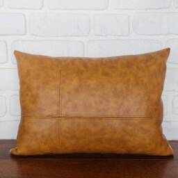 Handmade Lumbar Pillow Cover With Decorative Stitches - Faux Leather Fabric in Camel Color - thumbnail 3