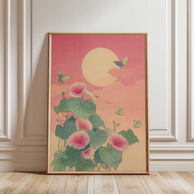 Moths & Glowing Moonflower Art Print, Japanese Woodblock Style, Pink Floral Night Wall Decor, Whimsical Botanical Poster, Ukiyo-E - image 1
