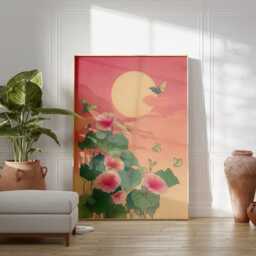 Moths & Glowing Moonflower Art Print, Japanese Woodblock Style, Pink Floral Night Wall Decor, Whimsical Botanical Poster, Ukiyo-E - thumbnail 3