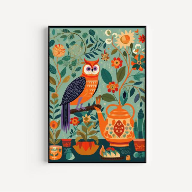 Floral Owl Poster, Contemporary Wall Print, Living Room Art Bird Print For The Bedroom - image 1