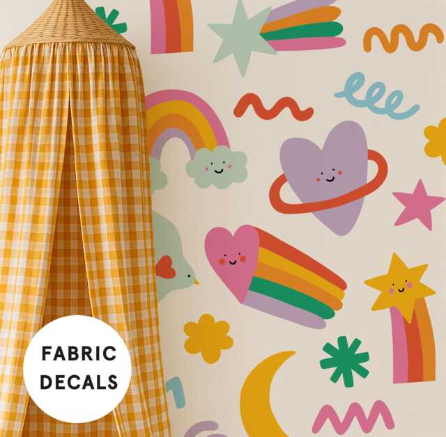Large Colourful Doodle Star & Moon Fabric Wall Stickers For Girls Nursery - image 1