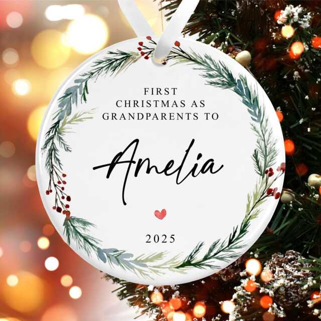 First Christmas As Grandparents To Baby Bauble - Ceramic Winter Wreath Ornament Any Family Relation Decoration Personalised Name - image 1