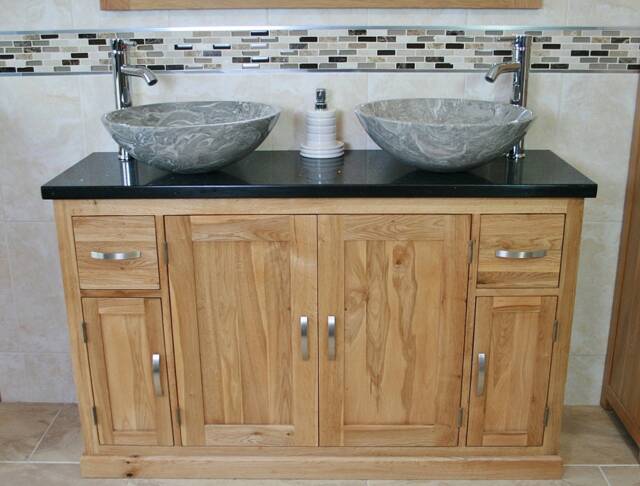 Solid Oak Bathroom Vanity Unit Cabinet Twin Stone Bowl Basin Tap Set 402Bqsbcx2 - image 1