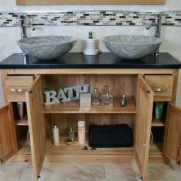 Solid Oak Bathroom Vanity Unit Cabinet Twin Stone Bowl Basin Tap Set 402Bqsbcx2 - thumbnail 3