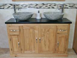 Solid Oak Bathroom Vanity Unit Cabinet Twin Stone Bowl Basin Tap Set 402Bqsbcx2