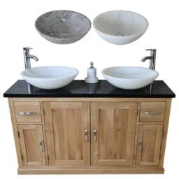 Solid Oak Bathroom Vanity Unit Cabinet Twin Stone Bowl Basin Tap Set 402Bqsbcx2 - thumbnail 2