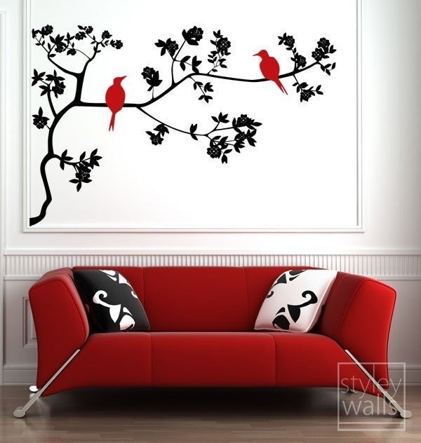 Branch & Birds Wall Decal, On With Leaves Vinyl Sticker For Home Decor, Decal - image 1