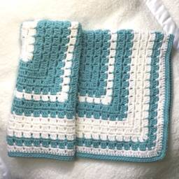 Crochet Baby Blanket - Turquoise & White Afghan, Stroller Size - thumbnail 2