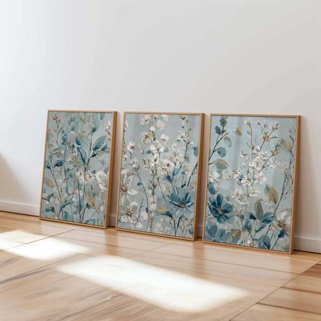 Blue Floral Wall Art Prints Set Of 3, Modern Botanical Posters, Elegant Flower Artwork For Living Room, Bedroom Or Neutral Home Decor - image 1