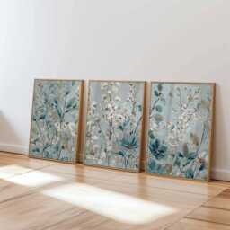 Blue Floral Wall Art Prints Set Of 3, Modern Botanical Posters, Elegant Flower Artwork For Living Room, Bedroom Or Neutral Home Decor - thumbnail 1