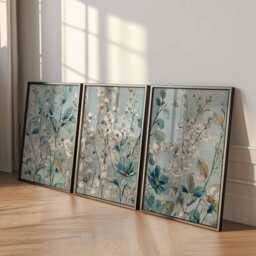 Blue Floral Wall Art Prints Set Of 3, Modern Botanical Posters, Elegant Flower Artwork For Living Room, Bedroom Or Neutral Home Decor - thumbnail 2