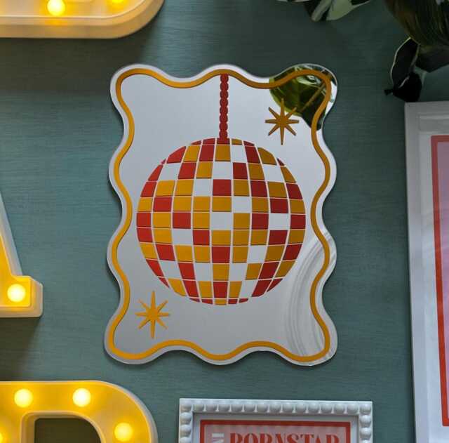 Disco Ball Printed Mirror, Mirrors, Wavy Edge Themed Wall Art, Party Decor, Glitterball Prints, Print - image 1
