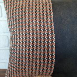 Herringbone Fabric & Faux Leather Pillow Cover Dark Brown Accent - thumbnail 3