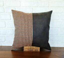 Herringbone Fabric & Faux Leather Pillow Cover Dark Brown Accent - thumbnail 1