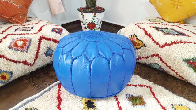 Stuffed Moroccan Leather Pouf, Pouf Ottoman, Handmade Floor Poof, Footstool, Ottoman Table, & Stools - image 1