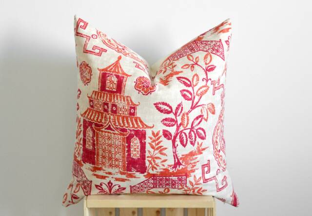 Red Chinoiserie Pillow The Arita Cover Orange Decorative Throw 18x18 20x20 - image 1