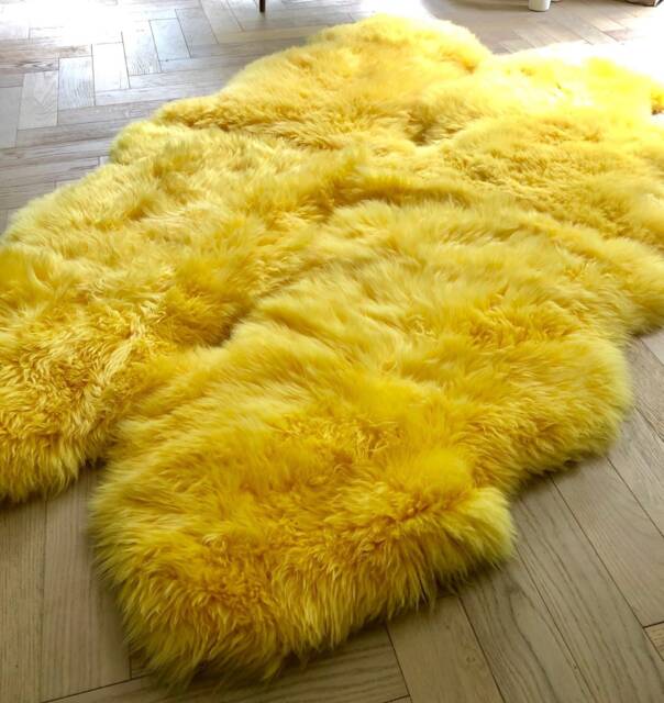 Bright Yellow Genuine Sheepskin Rug, Sheepskin, Fur Interior Design , Accessories Hygge, Carpet, Retro, Bed Throw, Chair Cover - image 1