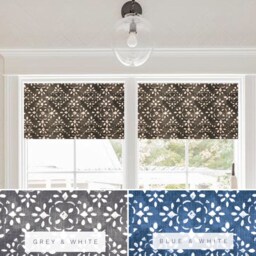 Faux Roman Shade Valance in Blue Or Charcoal Grey & White Stencil Print, Fully Lined, Custom Made Farmhouse Kitchen - thumbnail 2