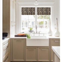 Faux Roman Shade Valance in Blue Or Charcoal Grey & White Stencil Print, Fully Lined, Custom Made Farmhouse Kitchen - thumbnail 3