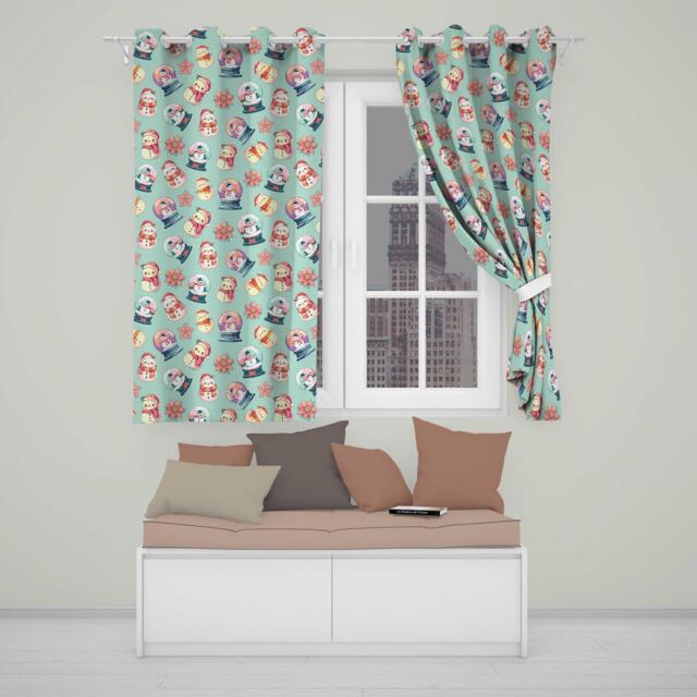 Snowman Snow Globe Poinsettia Winter Christmas On Teal Background Seamless Readymade Eyelet Ring Top Thermal 100% Blackout Curtains - image 1