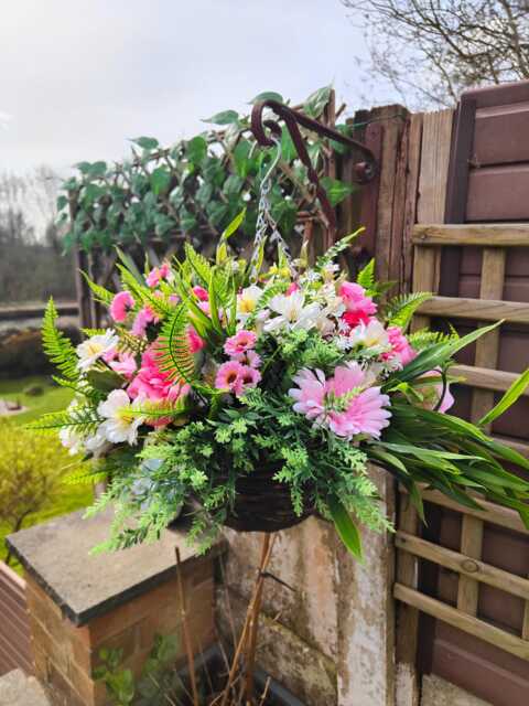 Pink White Cream Artificial Flower Hanging Basket Faux Flowers Basket Summer Outdoor - image 1