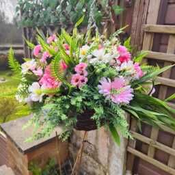 Pink White Cream Artificial Flower Hanging Basket Faux Flowers Basket Summer Outdoor - thumbnail 4