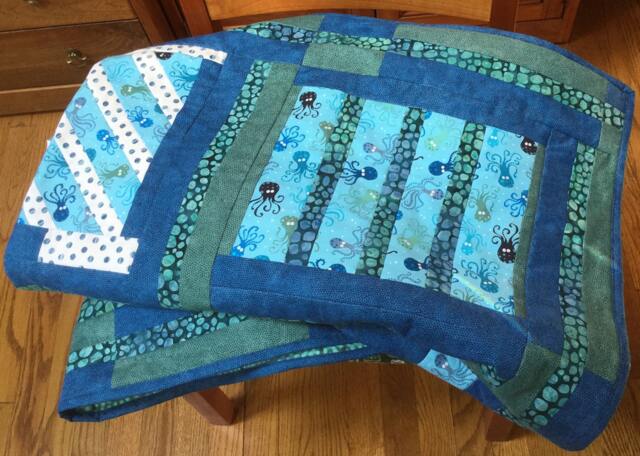 Modern Octopus Batik Quilt, Blue-Green Patchwork Throw - image 1