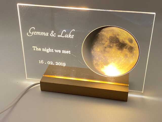 Personalised Moon Phase Plaque With Light Up Wooden Stand. To Your Special Date - image 1