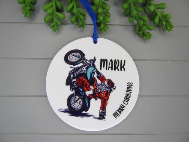 Personalised Christmas Bauble Keepsake, Santa Biker, Gift For Him. Motorbike Gift. Ornament For Dad, Uncle, Son, Brother - image 1