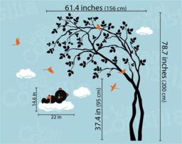 "Nursery Tree Wall Decal Teddy Bear On Cloud, Large Mural - 79"" X 62" - thumbnail 1