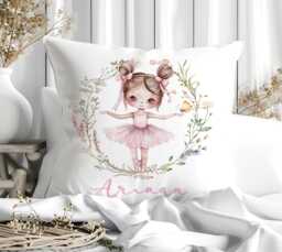 Personalised Girl Ballerina Wreath Custom Ballet Pink Pillow, Nursery Handmade Dance Gift For Bedroom